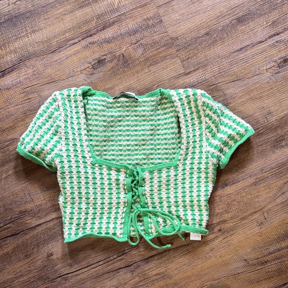 Zara Green and Cream Striped Crocheted Knit Top